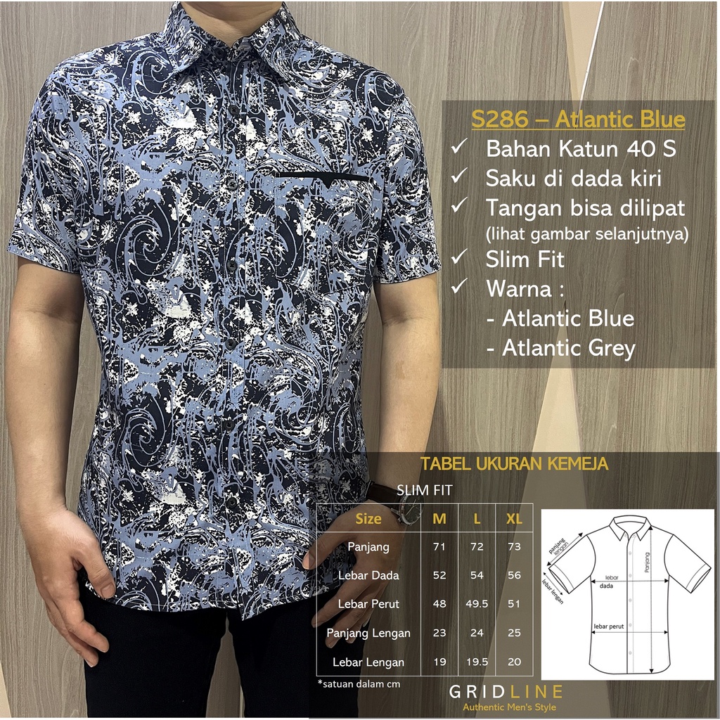 [GRIDLINE - S286 Atlantic Grey &amp; Blue] Kemeja Print Slimfit Pria Katun Lengan Pendek Casual Simpel Keren Berkualitas Premium Adem