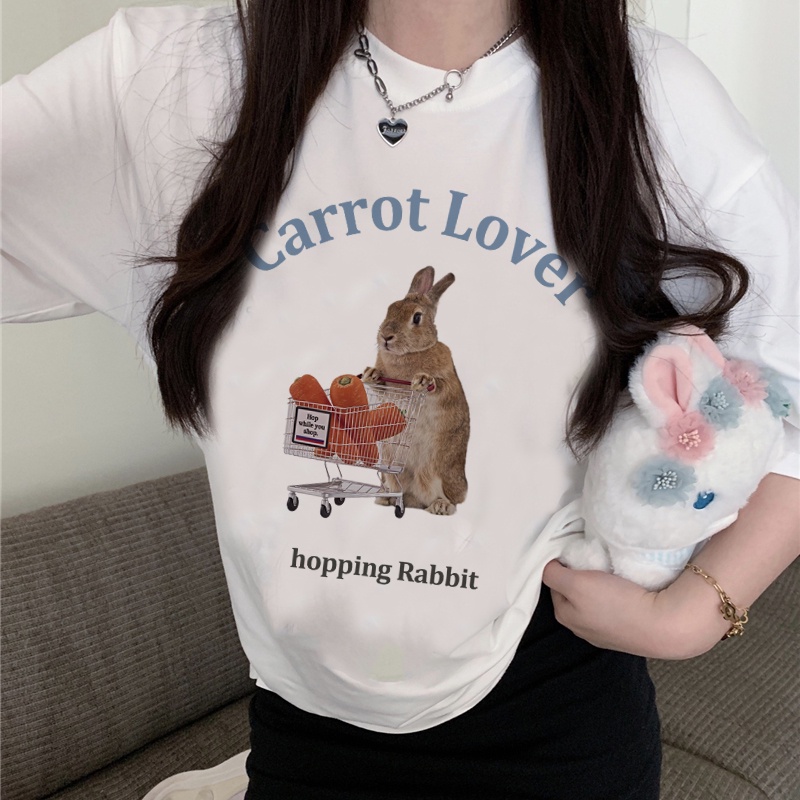 Print T-shirt Kaos Lengan Pendek Cartoon Shopping Rabit Baju Wanita Korean Style