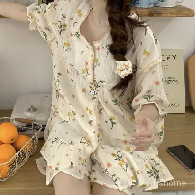 Piyama wanita musim panas tenun katun tipis lengan pendek musim panas manis lucu bisa dipakai di lua