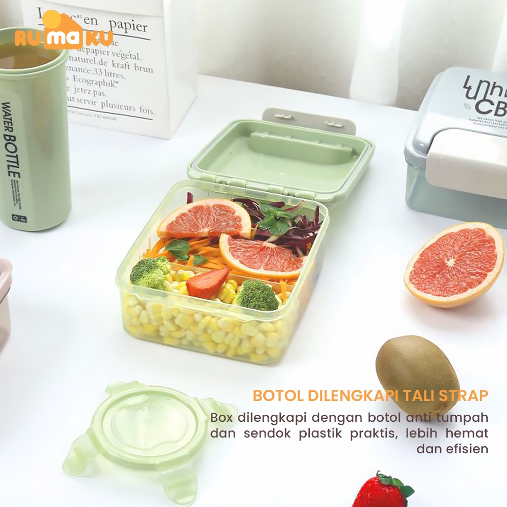 Rumaku Kotak Makan Anti Tumpah Lunchbox Set Kotak Makan Bekal 2 grid dan Botol Minum 1000ml/500ml Free Sendok