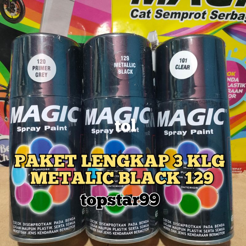 Pilok Pilox Cat Semprot Magic Paket Lengkap 3 Kaleng 300cc Paketan Hitam Metalik Black Metalic 129 Primer Grey Epoxy 120 Clear Pernis Glossy Mengkilap 101 Spray Paint