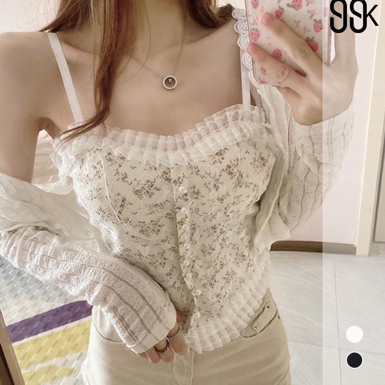 VIRAL Korean Lace Pearl Floral Tank Top Atasan Wanita All Size 2489