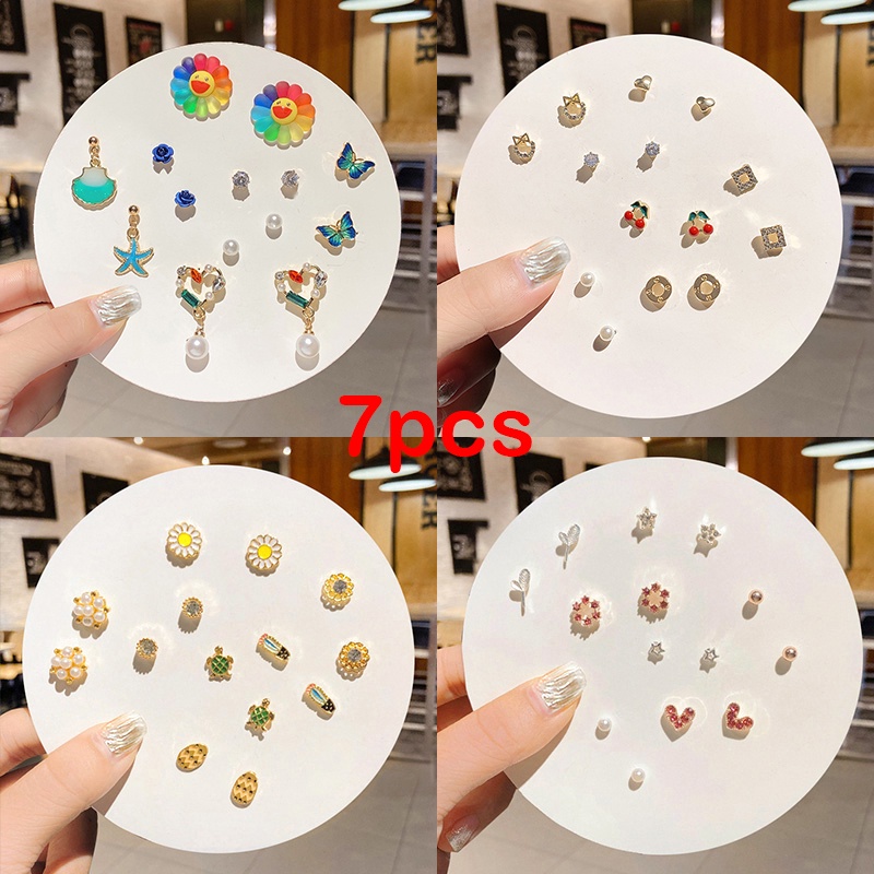 7 Pcs Fashion Sederhana Kecil Lady Stud Earrings Klasik Mutiara Bunga Stud Earrings