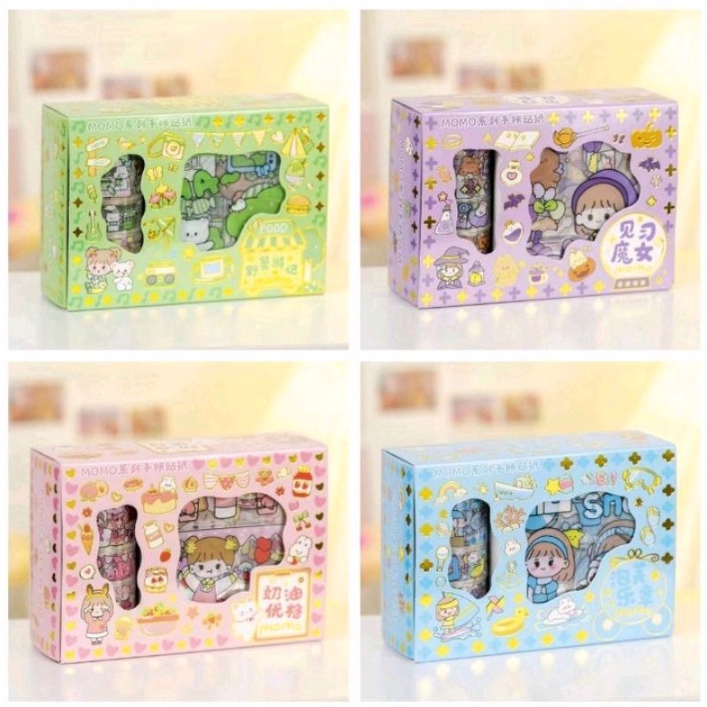 Stiker Momo Roll Washi Tape Set Box Motif Karakter