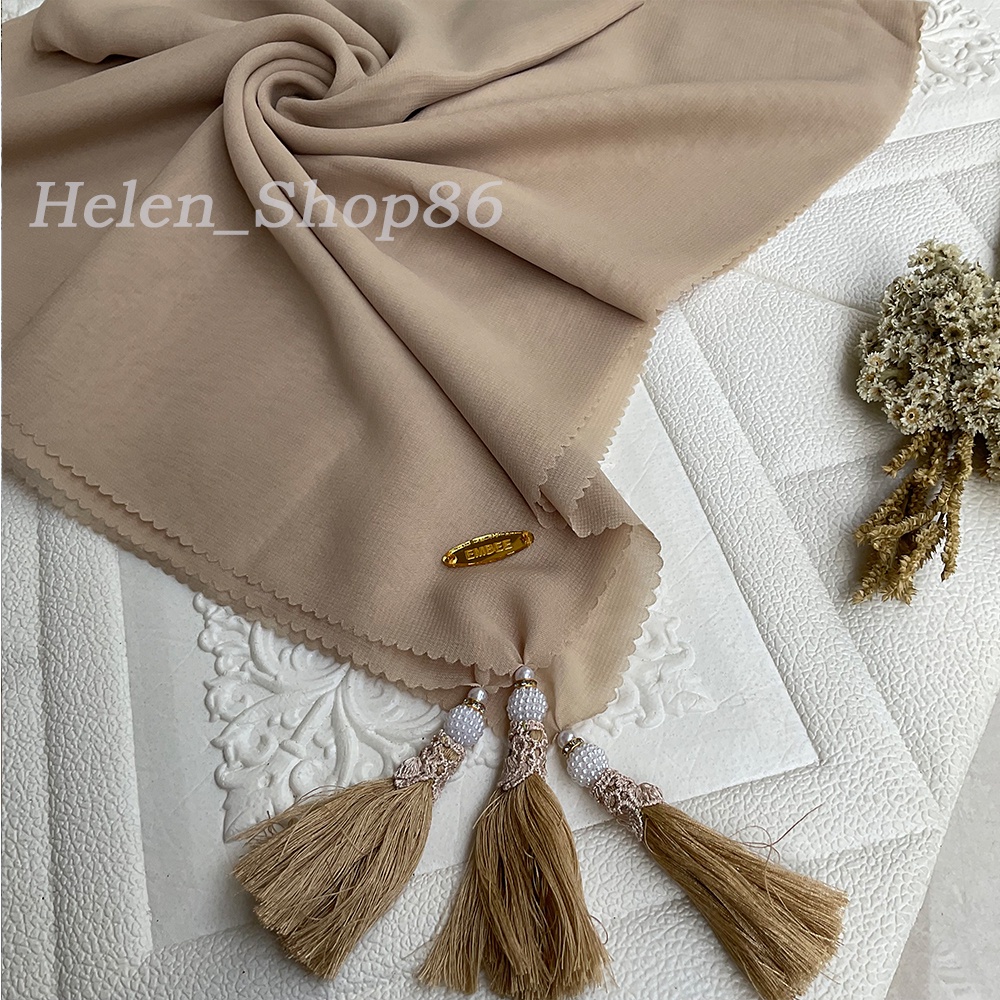 helen_shop86 Hijab Segiempat Polos Pom Pom Jilbab Tasel Lasercut Kerudung Tassel Krudung Bella Square Jambul