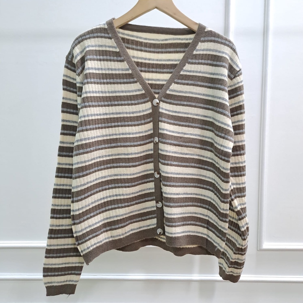 Sarah Cardi Stripes Two Tone - Cardigan Knit Korean Style - Atasan Wanita Rajut Import TM (19874-A)