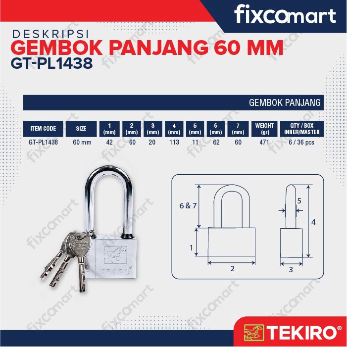 Gembok Leher Panjang 60 mm / Gembok Tekiro