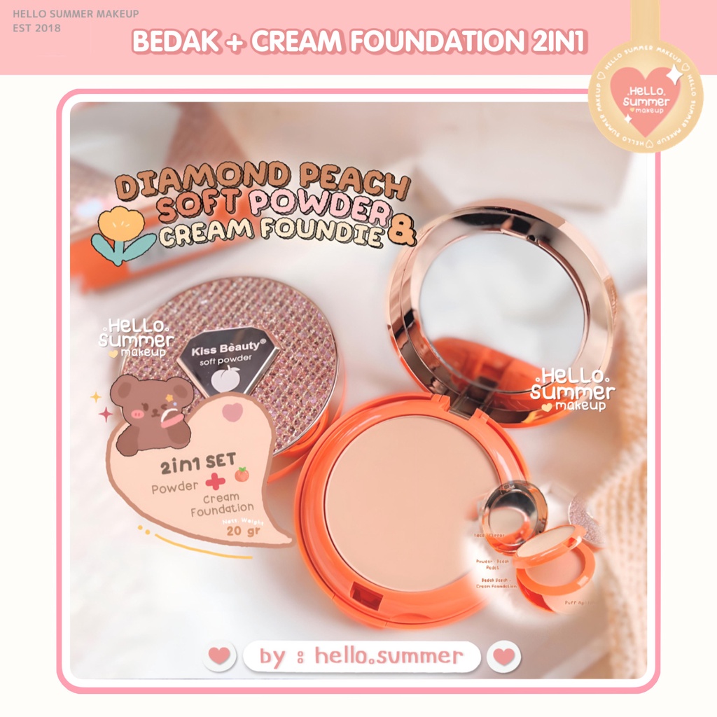 Diamond Peach Soft Powder &amp; Cream Foundation Bedak Padat Full Coverage 20gr KISS BEAUTY Thailand