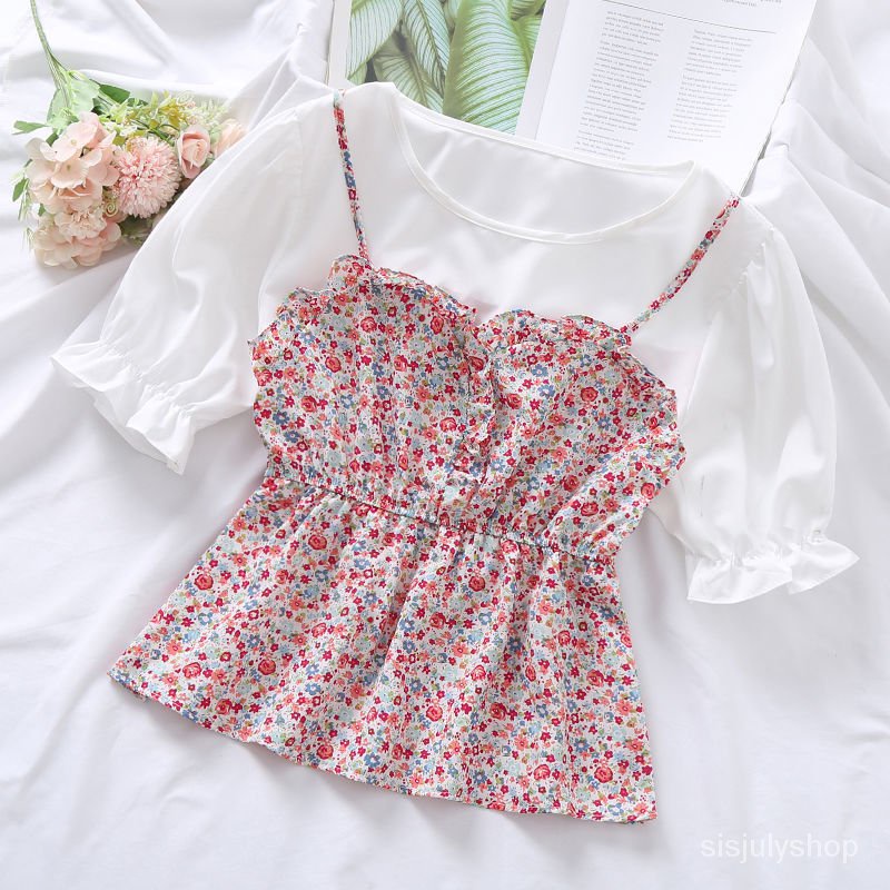 [✅BISA COD] #Sisjuly# Atasan wanita / baru palsu dua potong bunga leher bulat pinggang lengan pendek