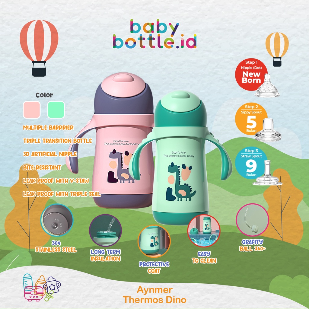AYNMER THERMOS DINO | BOTOL SUSU BAYI VACUUM STAINLESS STEEL | Thermos Vacum Sippy Training Cup