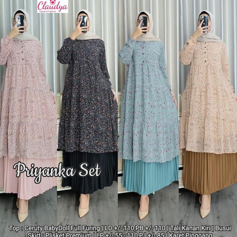 DISKON  piyanka one set tunik kayla setelan rok plisket tunik ceruty babydoll baju setelan wanita ke