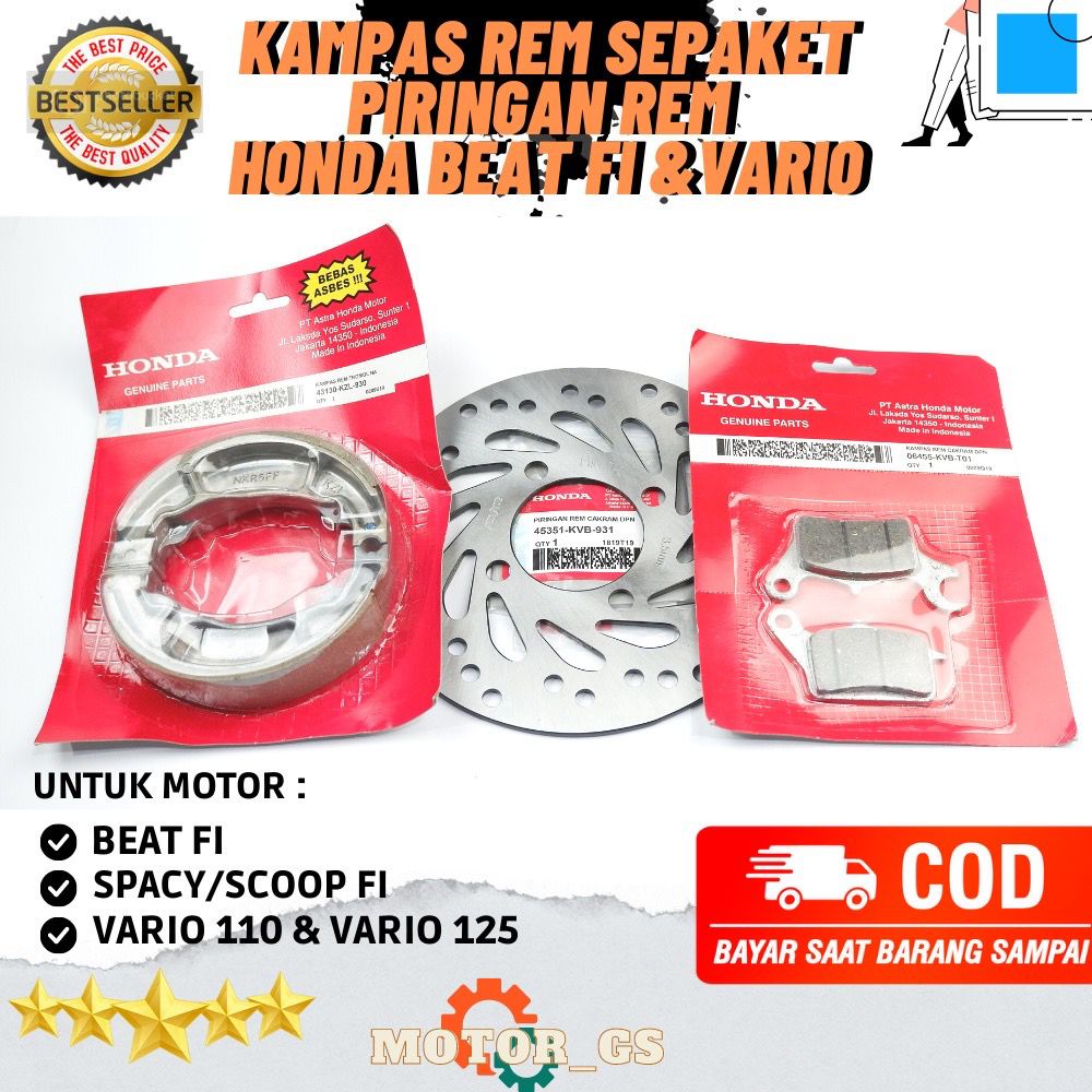 ORI Asli Honda Kampas Rem Sepaket Kampas Cakaram Depan + Kampas Tromol Belakang + Piringan Beat Fi,V