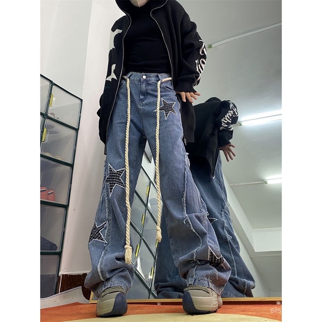 [✅BISA COD] #Sisjuly# Y2K Celana Jeans Wanita /Bordir Bintang Jeans Pinggang Tinggi Celana Kaki Lebar