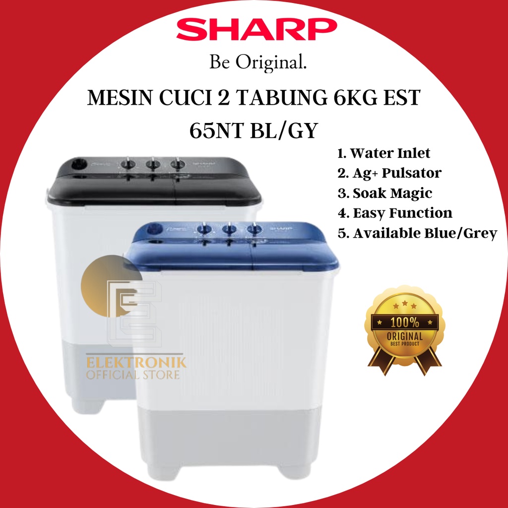 SHARP MESIN CUCI 2 TABUNG 6KG EST 65NT BL/GY/EST65NT/ES T65NT//ES-T65NT/100%  ORIGINAL/GARANSI RESMI