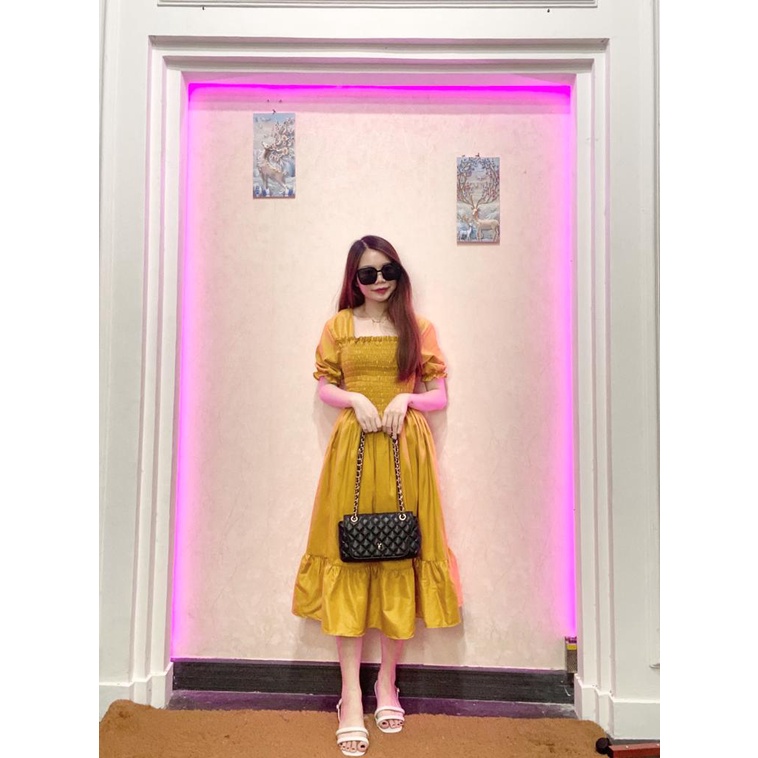 RD FASHION - SMOCKED DRESS / Gaun musim panas kasual baru Lengan pendek smocked dress lipit bunga dengan dasi belakang / gaun kasual A-line gaun smocked berlipat bunga lengan pendek-MUSTARD POLOS