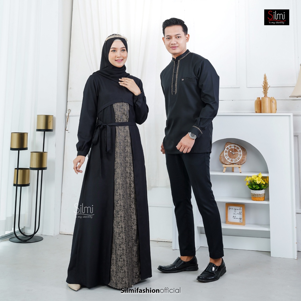 SARIMBIT COUPLE BLACK ALFINA ILHAM LONG BY SILMI FASHION BAHAN KATUN MADINA JACQUARD BAJU BUSANA MUS