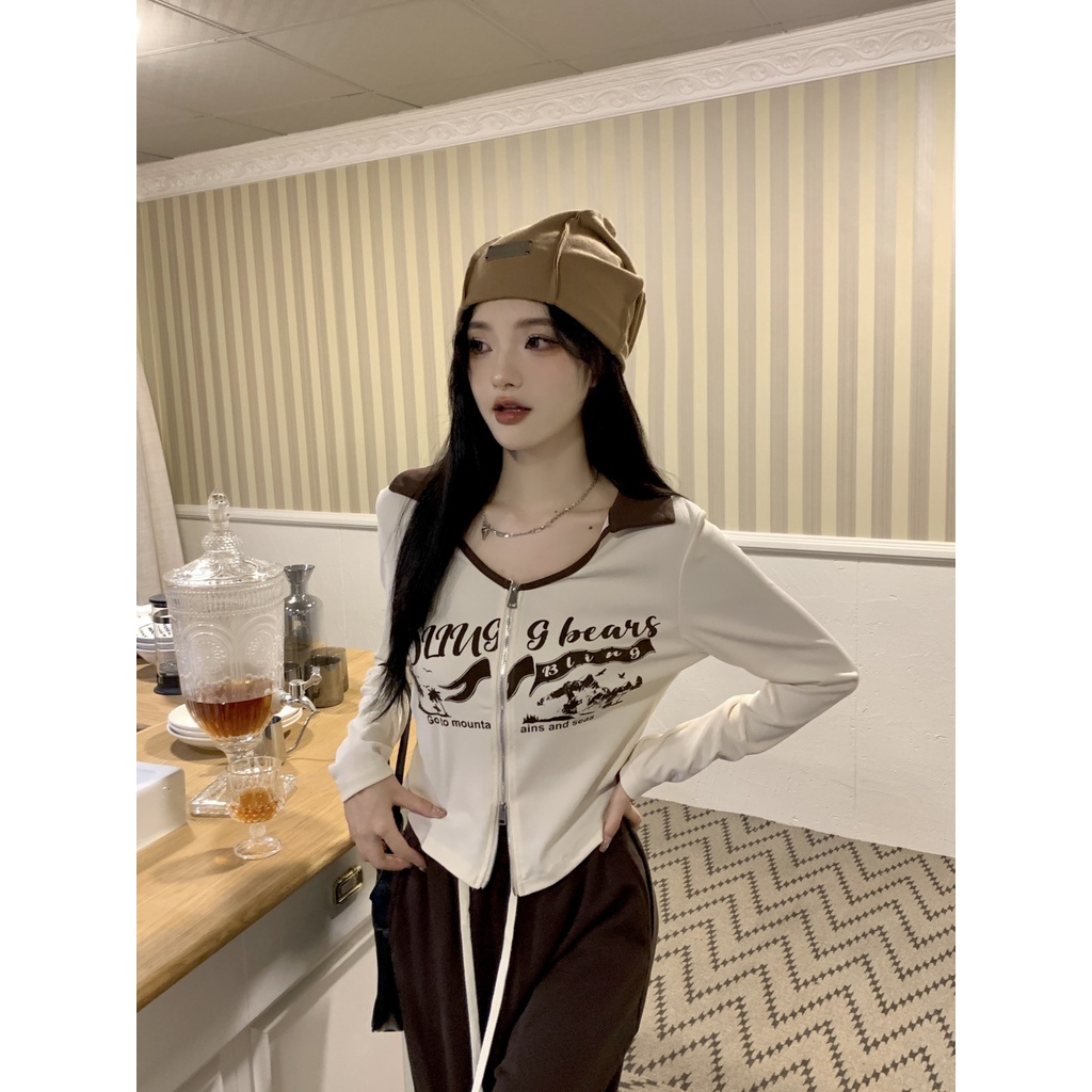 Red 2023 musim semi baru keinginan murni American retro hot girl waist T-shirt top chic design double-head zipper trend