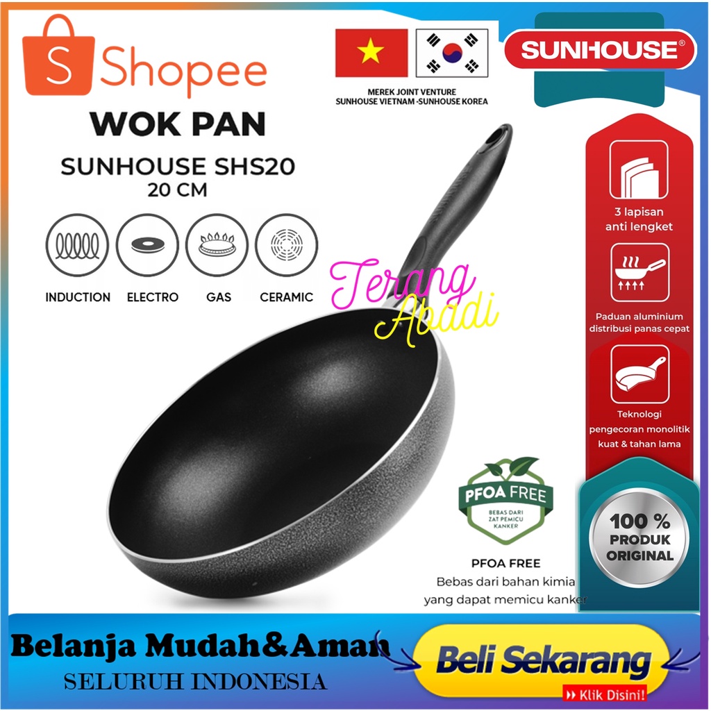 Wok Pan SUNHOUSE SHS-20 - SUNHOUSE SEDIA wajan anti lengket\wajan penggorengan\Kuali Enamel\teflon p