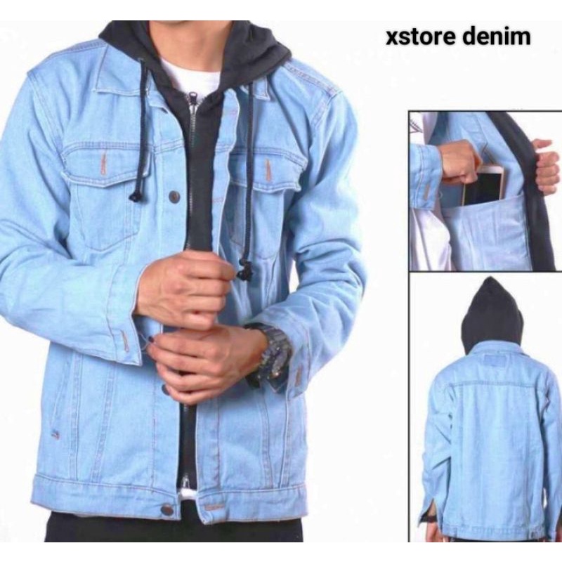Jaket Jeans Denim Hoodie  Double Sleeting bioblitz