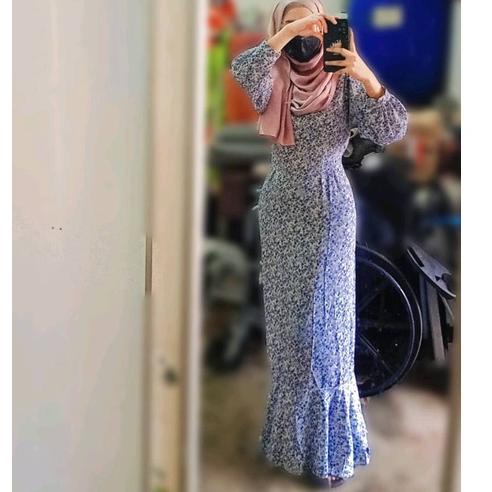 TERBAIK AIMEI Biru fishtail floral dress wanita baru Perancis lengan panjang gaun V-neck