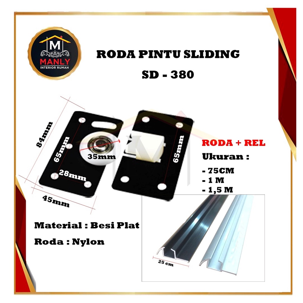 Roda Pintu Sliding SD 380 + Rel Timbul Pintu Sliding SD 380, Isi roda 2 set + Rel 2 Btg