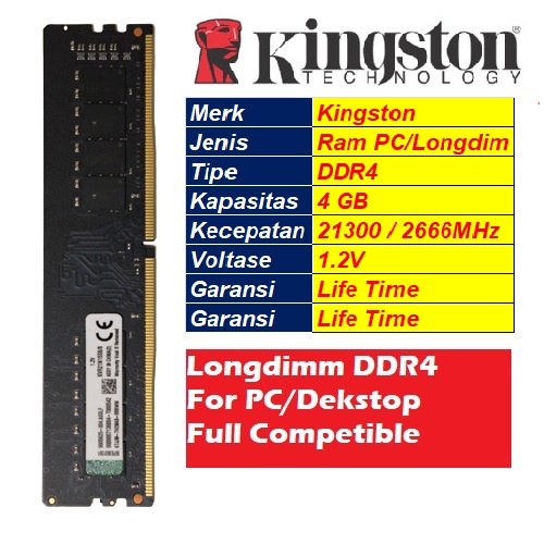 KINGSTON LONGDIMM DDR4 8GB PC 21300/2666 MHz 1.2V - MEMORY PC DDR4 8GB KINGSTON
