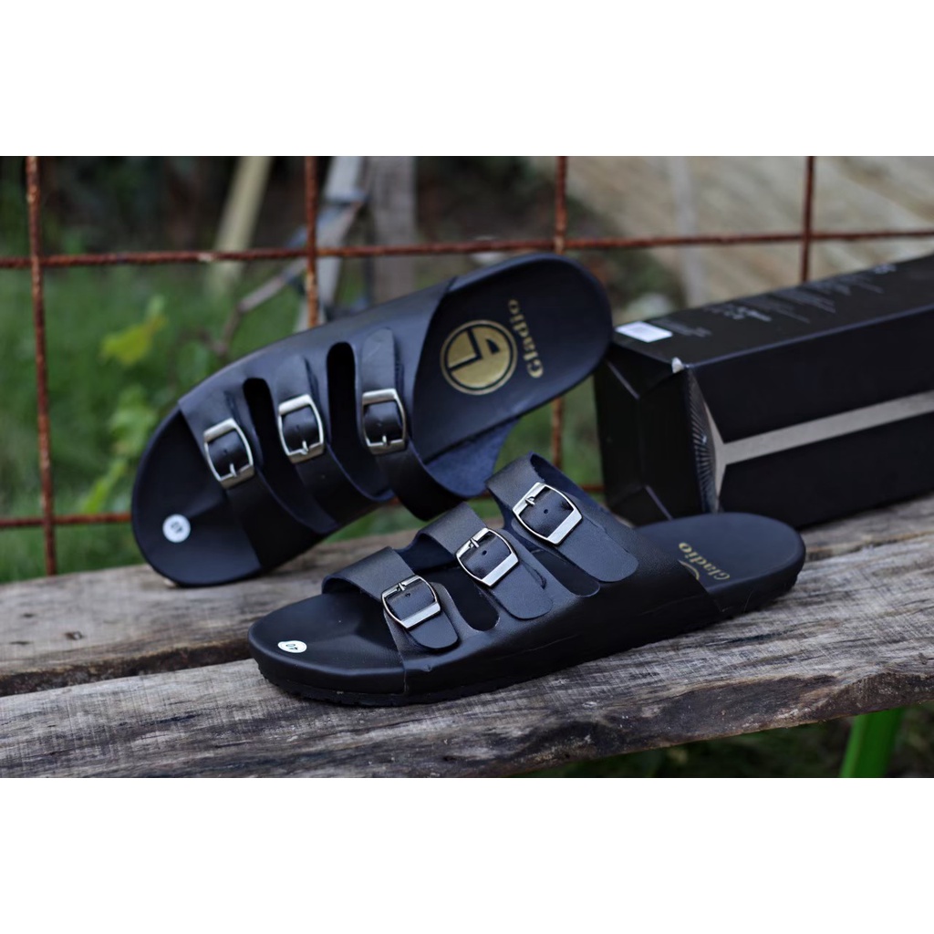 Fatimahshoes Sandal Slide kulit Kasual Santai Fashion Pria Full Black