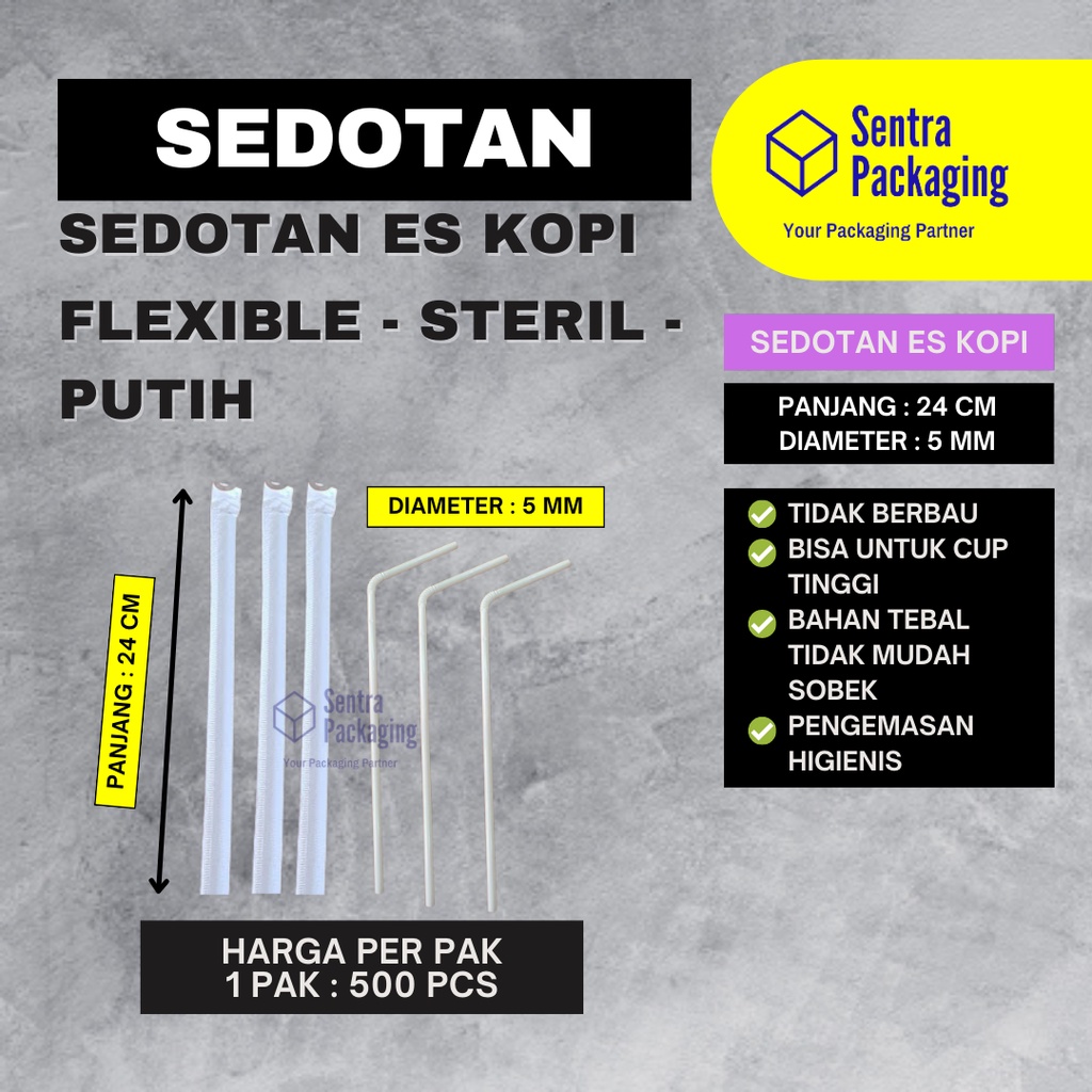 Sedotan Plastik Flexible PUTIH dibungkus Kertas Putih 500pcs / FW-524-WP / Sedotan Es Kopi / Cafe / 