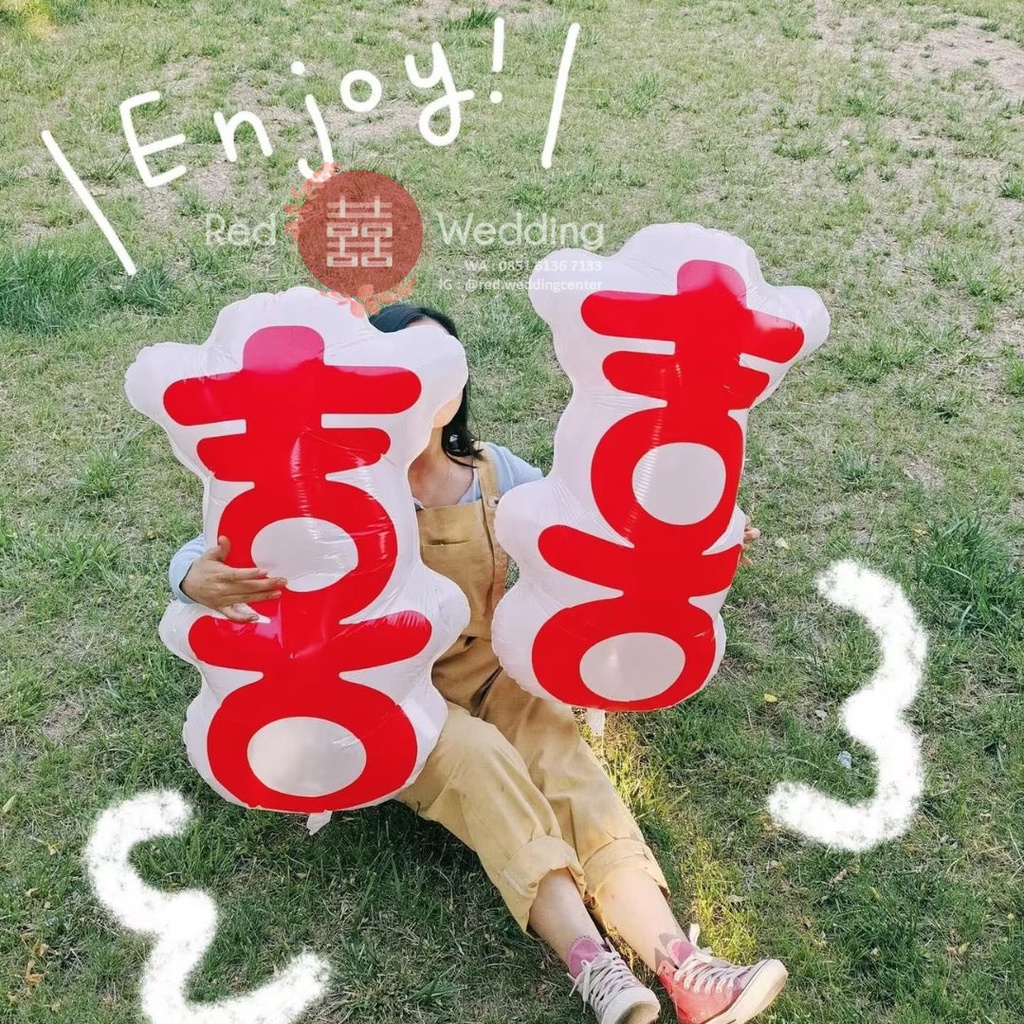 Balon Besar Putih Motif SHUANG XI Merah Pesta Estetik Foto Prewedding Dekorasi isi 2pcs