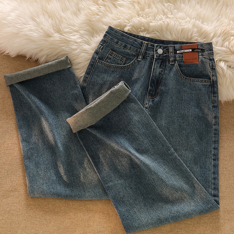 Biru retro Highwaist Straight Loose Celana Jeans Wanita Fashionable (realpict)