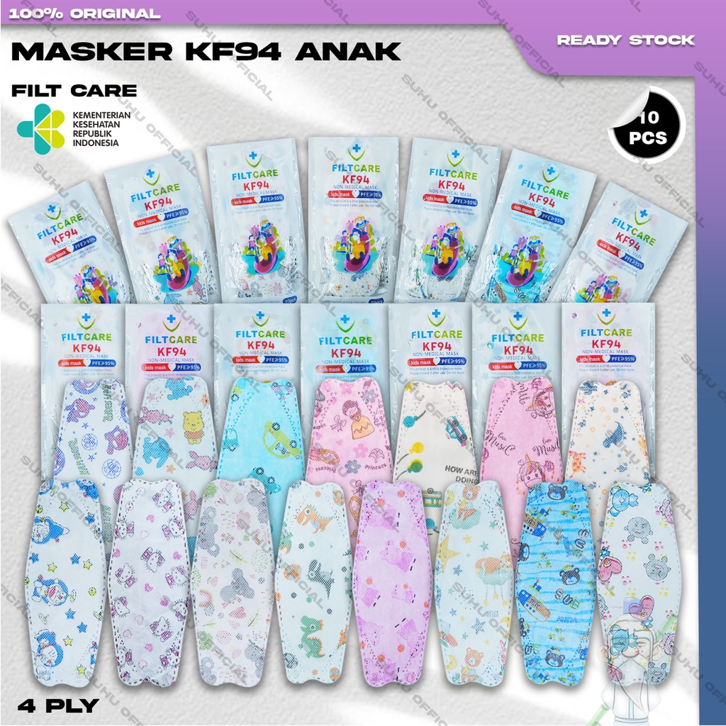 Masker Anak KF94 FILTCARE 4Ply Isi 10Pcs Motif Karakter Kartun Boy Girl KF 94 4 Ply Earloop Surgical Mask