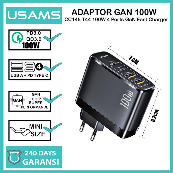 USAMS T44 Adaptor Kepala Charger GAN Fast Charging 100W 4 Ports QC4.0 ---NEW---