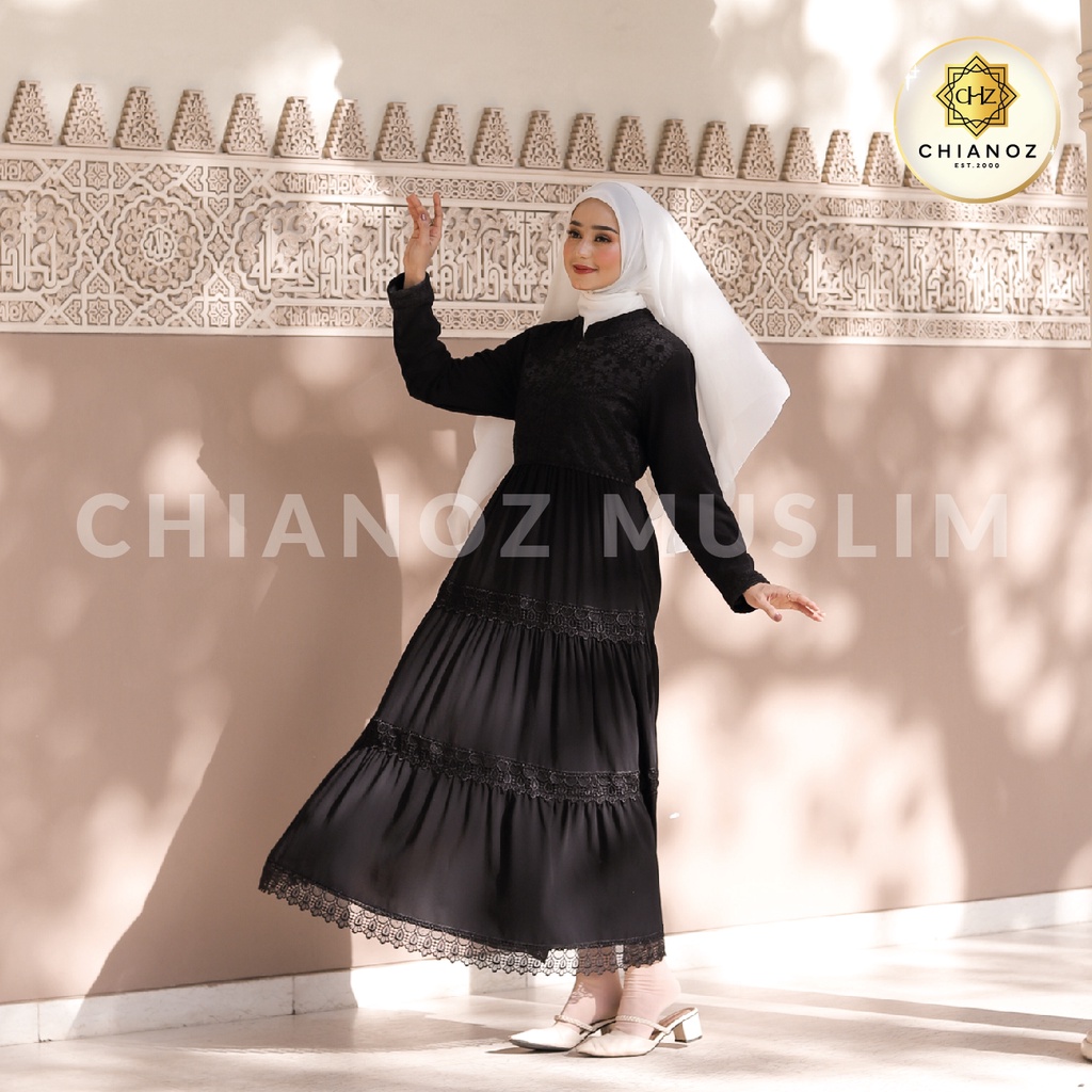 CHIANOZ Gamis Hitam Mewah Amelia  Dress Brukat Renda Baju Lebaran Umroh Haji Manasik Pesta Akad 504 220