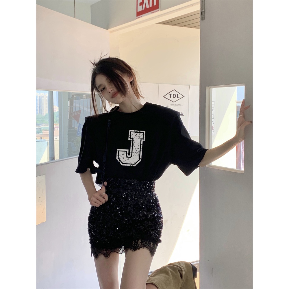 EUNII T-shirt Lengan Pendek Retro Letter J Korean Style/Kaos Atasan Wanita/Baju Kaus Oversize Wanita/Kaos Wanita