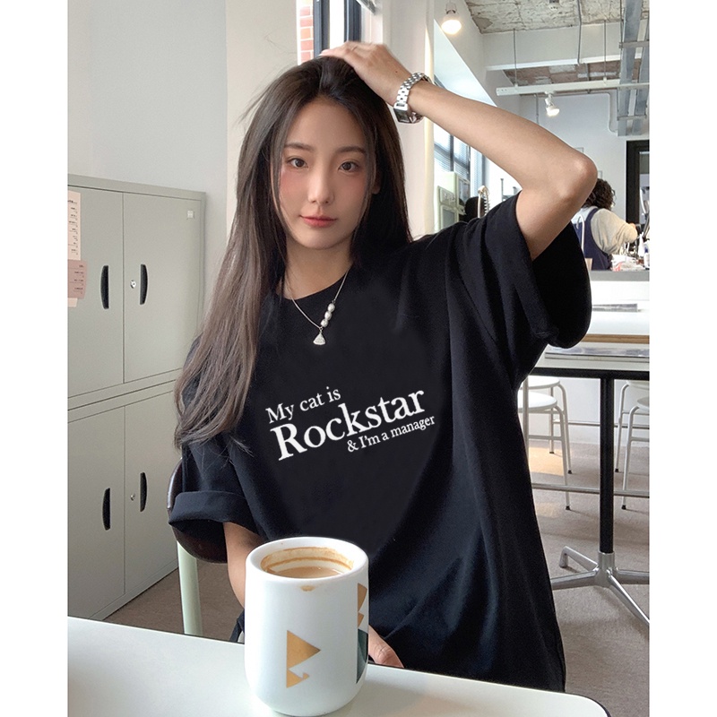 kaos wanita korean style premium import oversize lengan pendek letter pattern printed t-shirt kekinian atasan wanita warna hitam