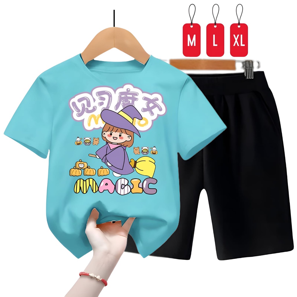 Hzl_outfit Setelan Baju Kaos Momo Magic Viral Trend Anak Perempuan