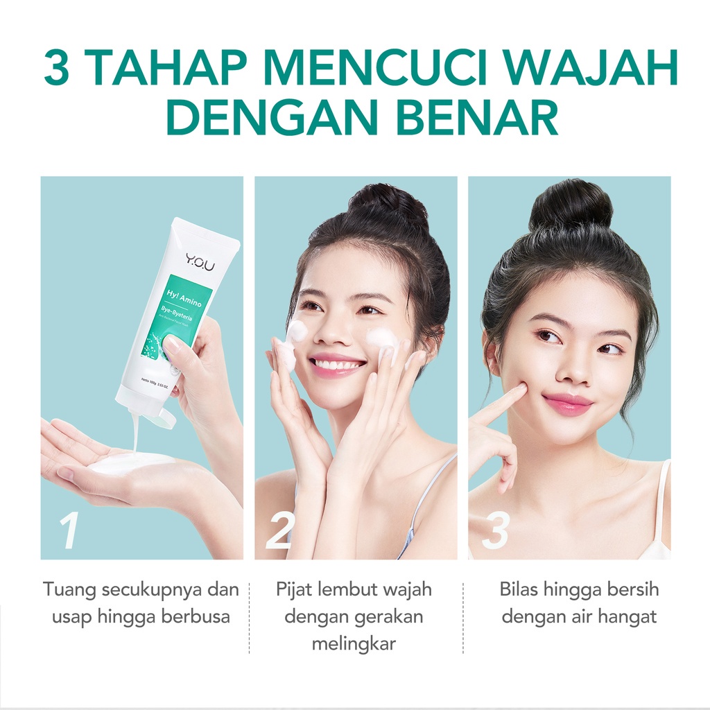 YOU Hy! Amino Bye-Byeteria Anti Bacterial Facial Wash Indonesia / Pembersih Wajah 100g / 99% Anti Bacteria Bakteri / Skincare Face Cleanser Cleansing Sabun / Brightening Anti Acne Hydrating Oil Control / Toner Serum Cream Mask Sunscreen Y.O.U Series Paket