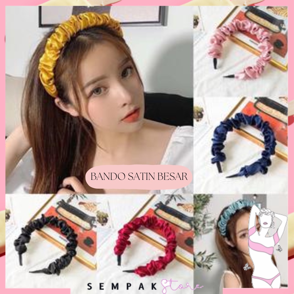 SS Bando Scrunchie Serut Satin Besar Korea Headband Ruffle Bandana Polos Wanita Bando Kain Scrunchie Fashion