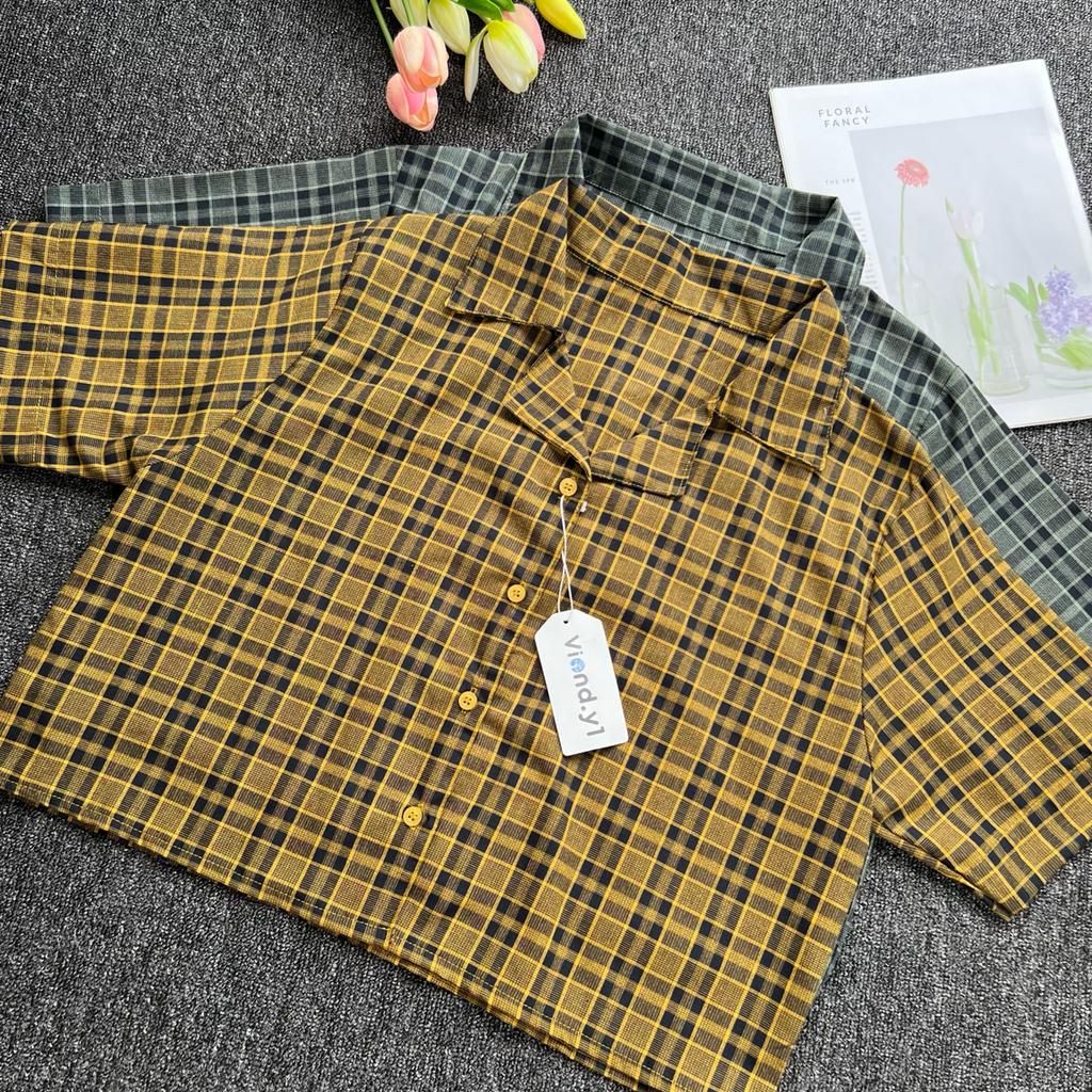 Blouse Kotak Wanita Korea Terbaru / Atasan Cewek Crop Flanel / Kemeja Lengan Pendek 142