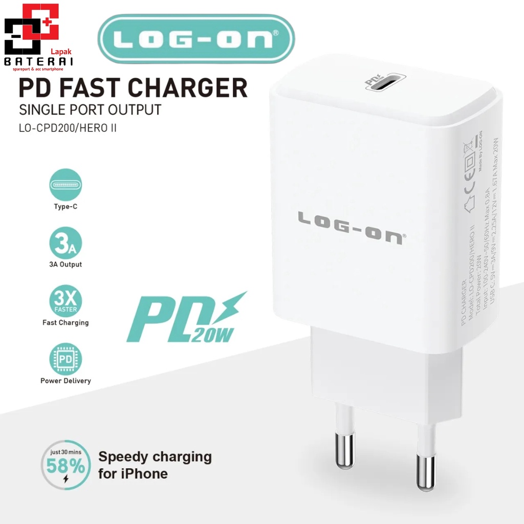 LOG  - ON CPD200 20W Batok Charger Power Delivery 3A / Fast Charging / Super Charging / AFC