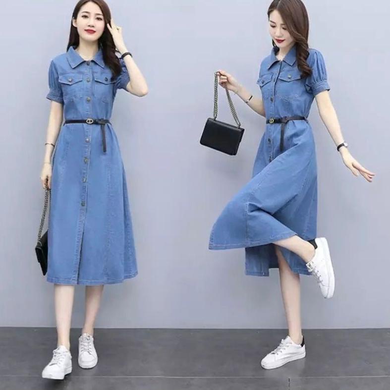 LANGSUNG ORDER DRESS JEANS WANITA LENGAN PENDEK / LONG TUNIK JEANS WANITA LENGAN PENDEK ( FREE BELT 