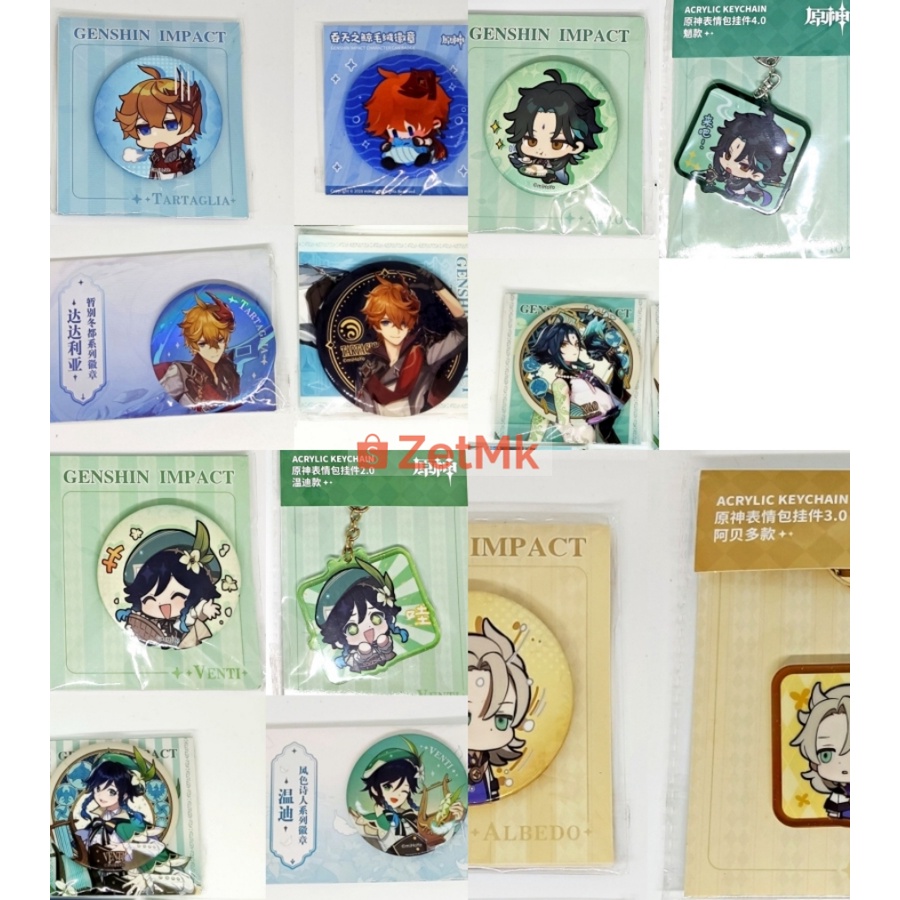 SET Genshin Impact Official Acrylic Keychain Badge Emoticon Xiao Venti Albedo Childe Tartaglia