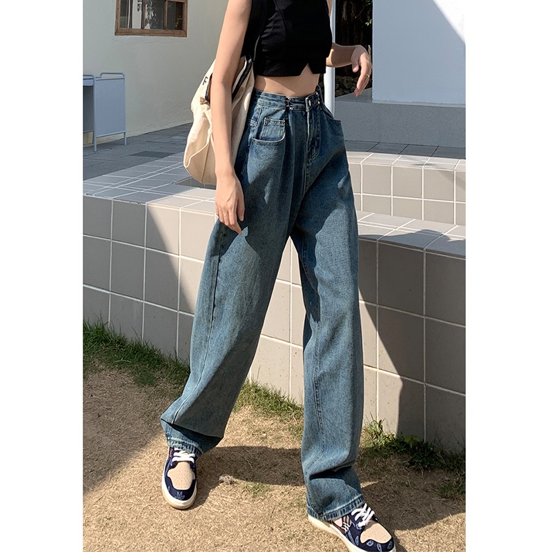 EUNII Celana Jeans Wanita Boyfriend Celana Panjang Jeans Loose High Waist Korean style