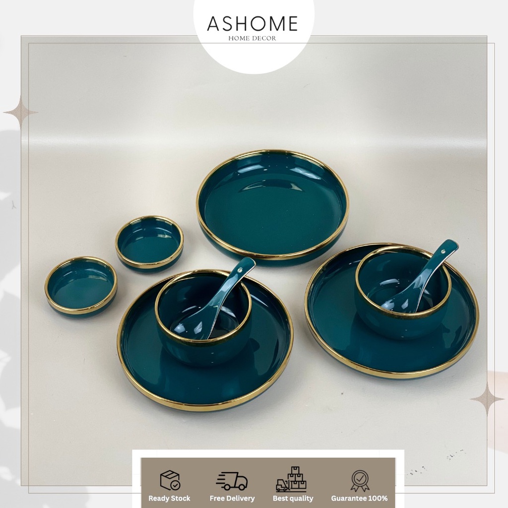 ASHOME Piring Set 2 Orang Piring Makan Set Keramik Hijau Emerald Isi 9 Pcs / Piring Set Keramik List