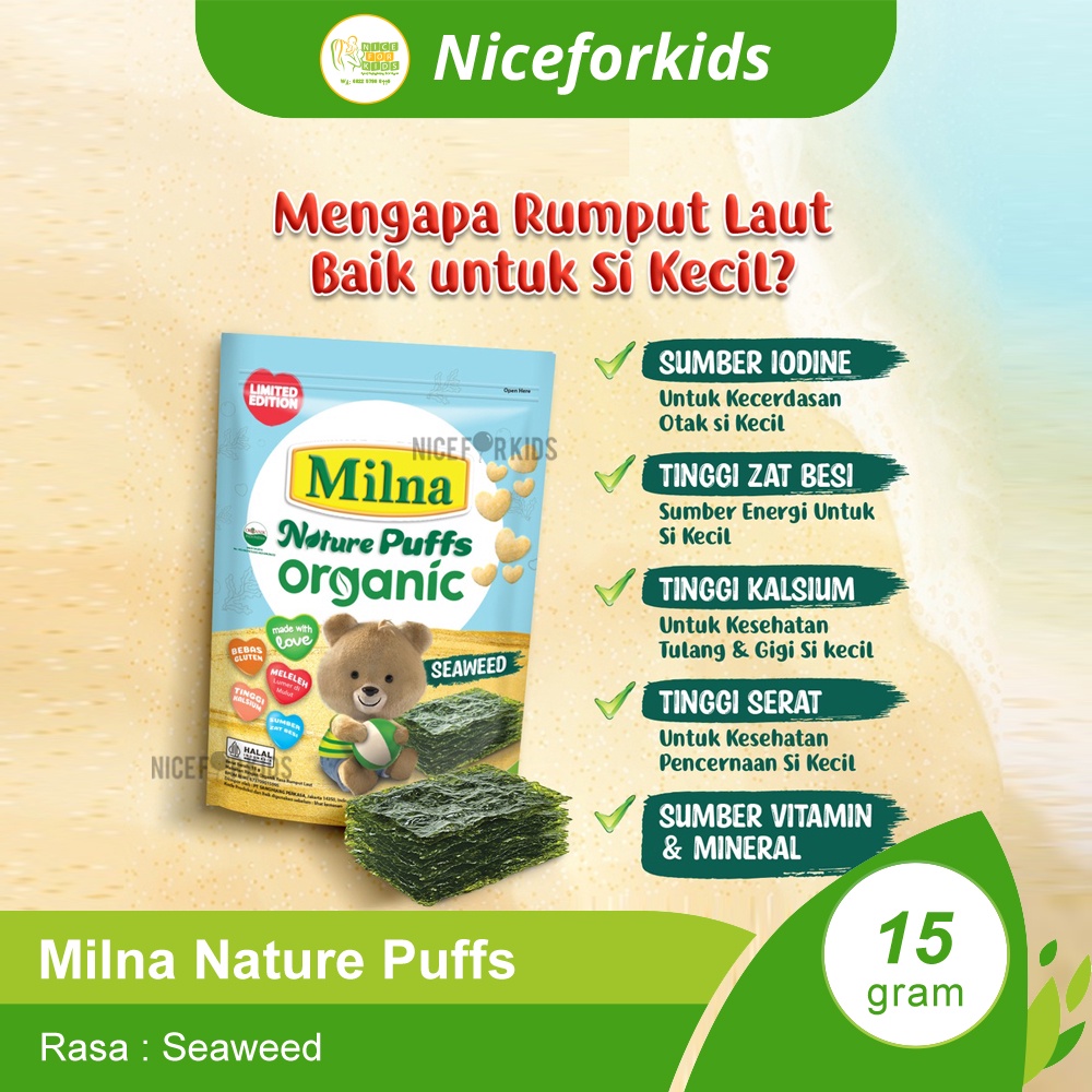 MILNA Nature Puffs Organic 8+ Rasa Seaweed 15gr / Milna Puff Cemilan Bayi Organic Rasa Rumput Laut