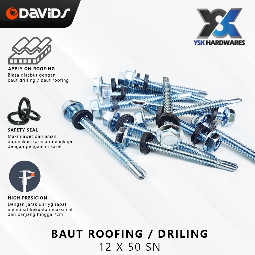 Baut Baja Ringan Drilling Sekrup Roofing Galvalum 5cm 12x50 Putih