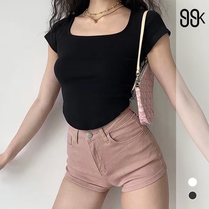 Basic Sexy Crop Top U-Neck Atasan Lengan Pendek Wanita 1547 (S-XL)