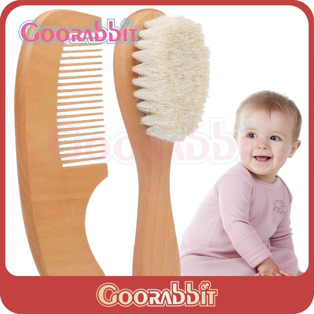 Goorabbit 2pcs / Set Sisir Rambut Wol Dengan Gagang Kayu Untuk Pijat / Perawatan Bayi