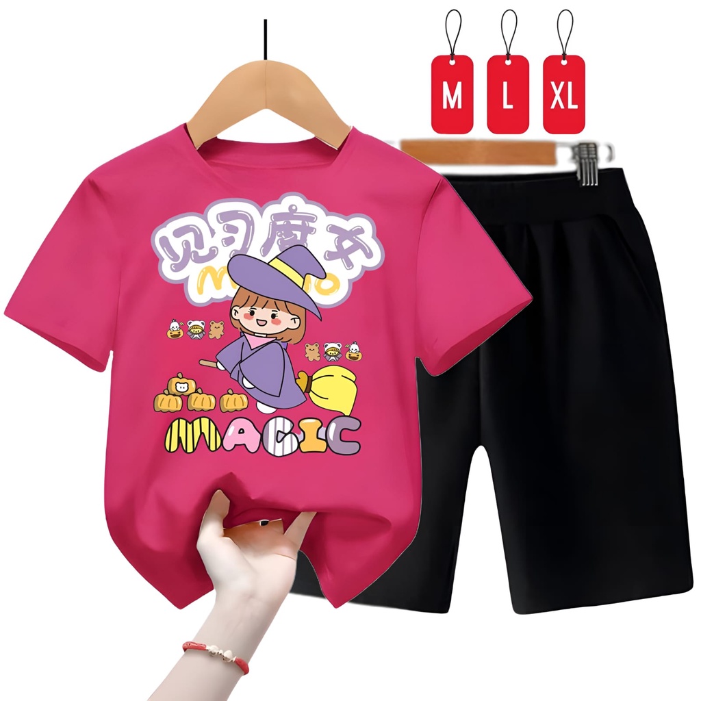 Hzl_outfit Setelan Baju Kaos Momo Magic Viral Trend Anak Perempuan