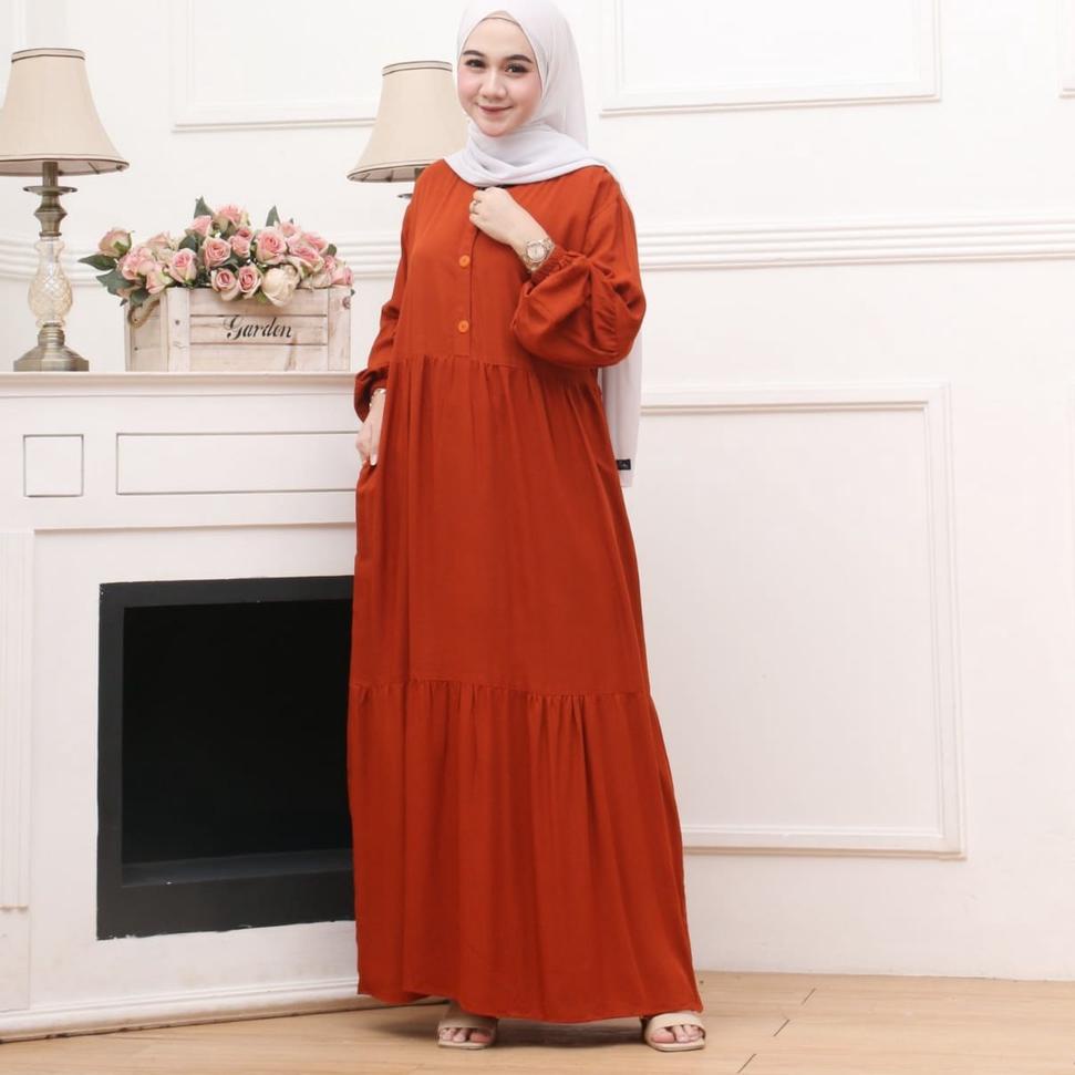 MURAH BANGET Gamis Rayon Polos Susun Canda Lengan Balon Busui Kancing Depan